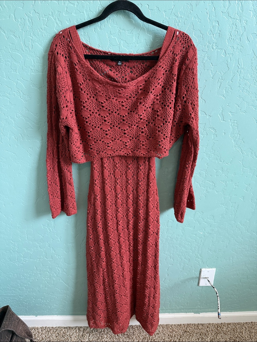 Lulu's Rust Crochet Knit Midi Dress Set